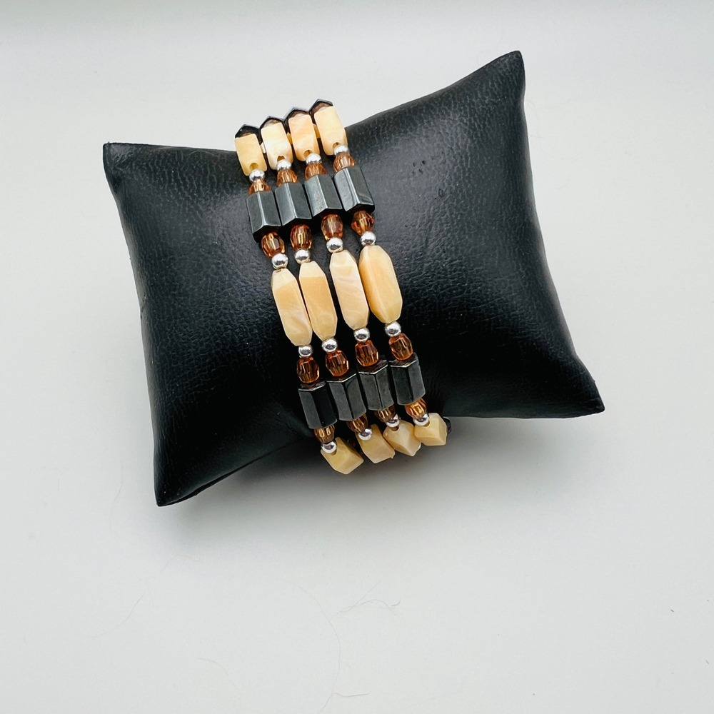 Magnetic Bracelet Peach Black Acrylic Beads Silver Tone Memory Wire Wrap